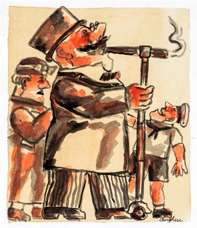 Franz Borghese (Roma, 1941 - Roma, 2005) Fumatore di sigaro Acquarello su...