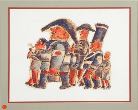 Franz Borghese (Roma, 1941 - Roma, 2005) Militari medici Matita e acquarello...