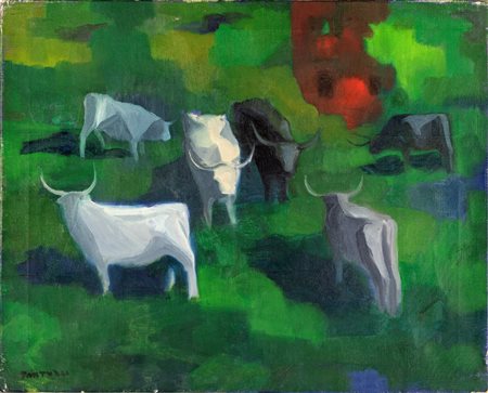 Eliano Fantuzzi (Modena, 1909 - Verona, 1987) Buoi 1950 Olio su tela cm 39x49...