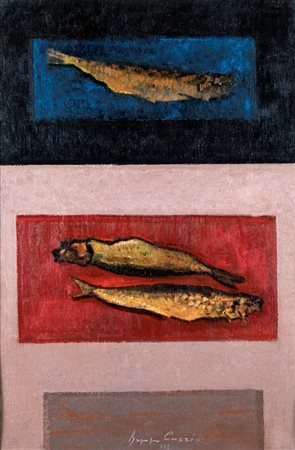 Beppe Guzzi (Genova, 1902 - Roma, 1982) Natura di Aringa 1975 Olio su tela cm...