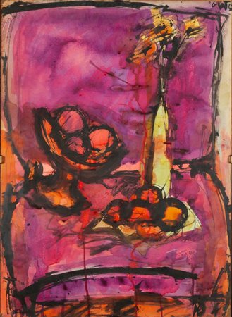 Elisabetta Gut (Roma, 1934 - ) Natura morta con fiori e sedia acquerello su...