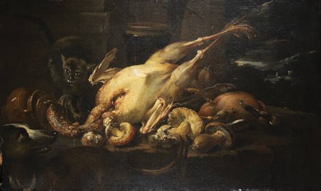 PITTORE ANONIMO DEL XVII SECOLO<BR>"Natura in posa con pollo, gallo, funghi, segugio e gatto"