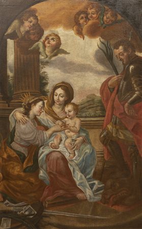 PITTORE ANONIMO DEL XVII SECOLO<BR>"Madonna con Bambino, Sant'Anna e Santo"