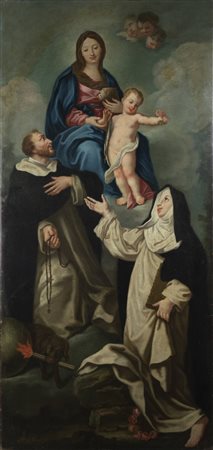PITTORE ANONIMO<BR>"Madonna con Bambino con San Domenico e Santa Rosa"  fine XVII secolo