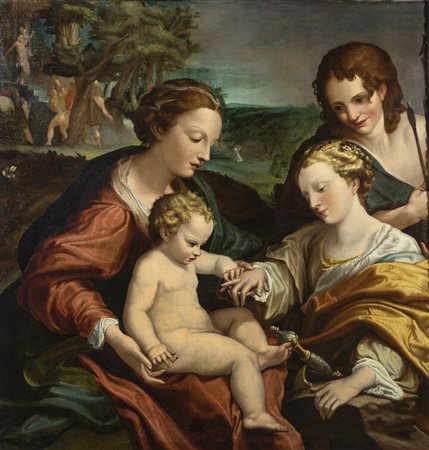 PITTORE ANONIMO<BR>"Madonna con Bambino e Santi" XVII secolo