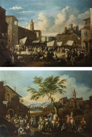 PITTORE ANONIMO DEL XX SECOLO<BR>a - Scena paesana<BR>b - Scena di mercato