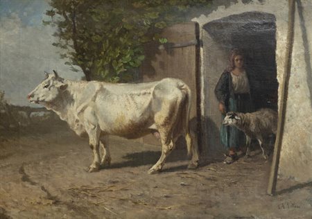 CARLO PITTARA<BR>Torino 1836 - 1890 Rivara (TO)<BR>"Contadina e mucca"