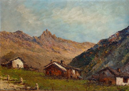 TELESFORO FRANCHINO<BR>Treviso 1885 - 1968 Torino<BR>"Paesaggio montano con baite" 1931