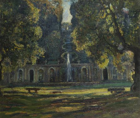 ANDREA TAVERNIER<BR>Torino 1858 - 1932 Grottaferrata (RM)<BR>"Parco con fontana"