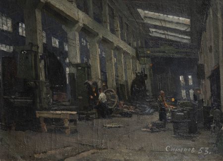 SIMONOV IGOR IVANOVIC<BR>Russia 1927<BR>"Interno di officina"1953