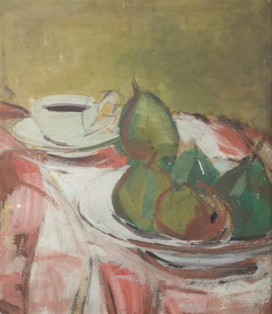 LUIGI SPAZZAPAN<BR>Gradisca d'Isonzo (GO) 1889 - 1958 Torino<BR>"Pere sul piatto e tazza di caffé" 1934 circa