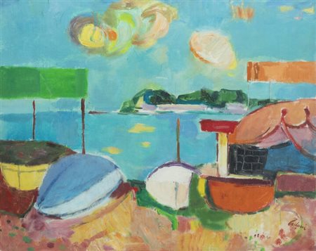 ENRICO PAULUCCI<BR>Genova 1901 - 1999 Torino<BR>"Rapallo-sulla spiaggia" 1975