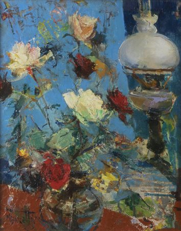 MICHELE BARETTA<BR>Vigone (TO) 1916 - 1987<BR>"Rose e lampada"