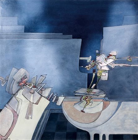 NADO CANUTI<BR>Bettolle (SI)1929<BR>"Interno con avvenimento" 1974