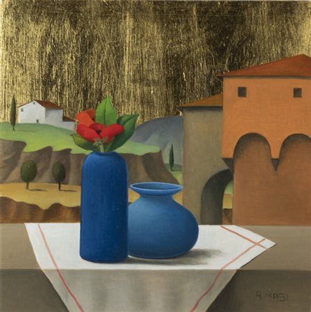 ROBERTO MASI<BR>Firenze 1940 - 2011<BR>"Vasi blu e papaveri" ante 2005