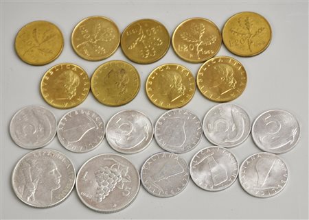 LOTTO DI LIRE ITALIANE composto da 12 monete da 5 lire e 9 monete da 20 lire...