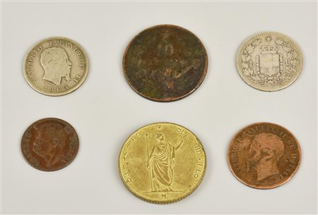 LOTTO DI LIRE ITALIANE composto da 6 monete da diverso valore coniate nel XIX...