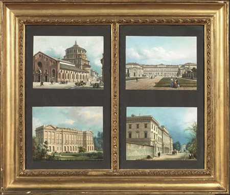 QUATTRO VEDUTE DI MILANOSecolo XIX.Acquatinta colorata a mano. mm 160x211...