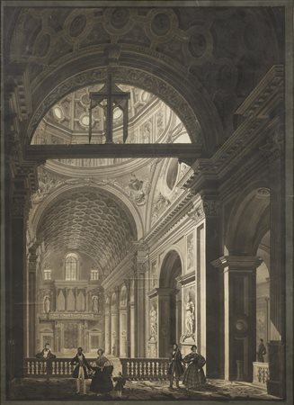 [attribuito a] Bisi, Luigi(Milano 1814 - 1886)INTERNO DI CHIESAPenna nera e...