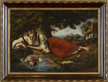 ARTISTA INGLESE (XIX SECOLO): Fanciulla che si specchia in una pozza d'acqua