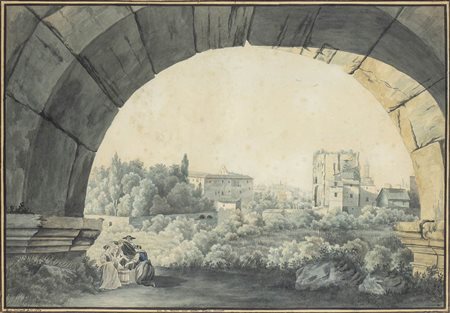 JULES-SAMUEL-HENRI-LOUIS CARRARD (1785 - 1844): Veduta delle terme di Traiano da Colle Oppio