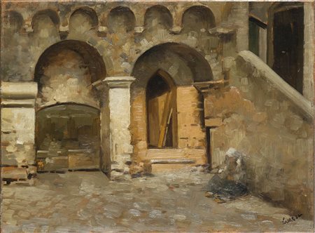 TEMISTOCLE LAMESI (Roma, 1870 - 1957) : Interno di cortile con contadina