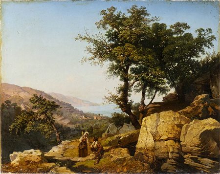 ATTR. GIACINTO GIGANTE (Napoli, 1806 - 1876): Veduta del Golfo di Napoli con pastore e contadina