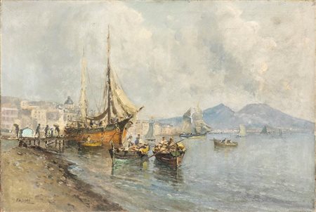 PASINI (XX SECOLO): Vista del porto di Napoli con Vesuvio