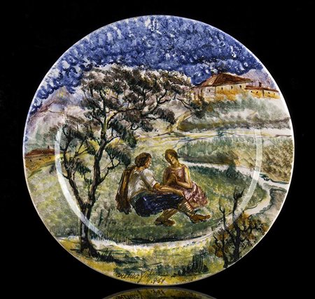 ZULIMO ARETINI (Monte San Savino, 1884 - Roma, 1965): Piatto con raffigurazione di coppia in conversazione, 1947