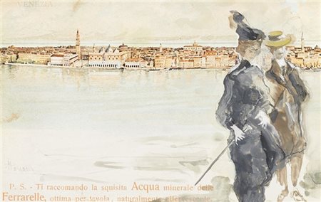 Pompeo Mariani "Coppia a Venezia" 
tecnica mista su cartolina (cm 8x12,5)
Firmat