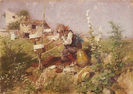 Riccardo Pellegrini "La raccolta del miele" 1892
olio su tela (cm 20x30)
Firmato