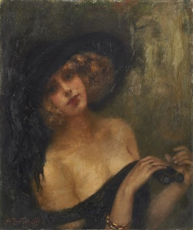 Mario Bettinelli "Ritratto di signora a teatro" 
olio su tela (cm 74,5x62)
Firma