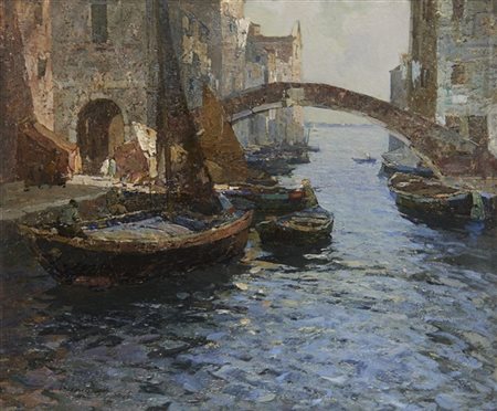 Angelo Pavan "Ponte Caneva - Chioggia" 
olio su tela (cm 31,5x38)
Firmato in bas