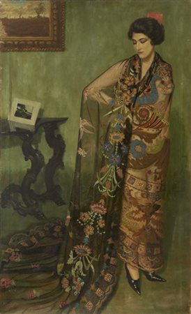 Annibale Scaroni "La veste orientale" 1924
olio su tela (cm 200x120)
Firmato e d
