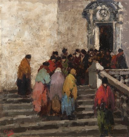 Vincenzo Irolli "Fuori dalla chiesa" 
olio su tela (cm 50x48)
Firmato in basso a