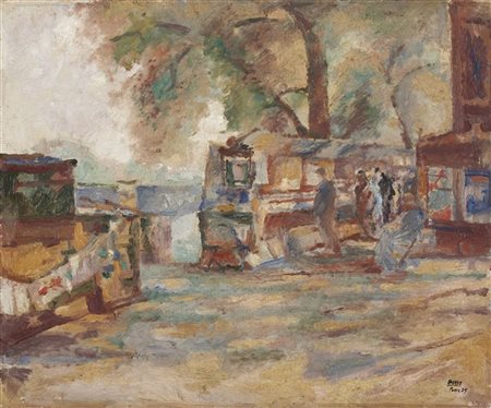 Anselmo Bucci "Bouquinistes Quai Voltaire" 1929
olio con ritocchi a tempera su t