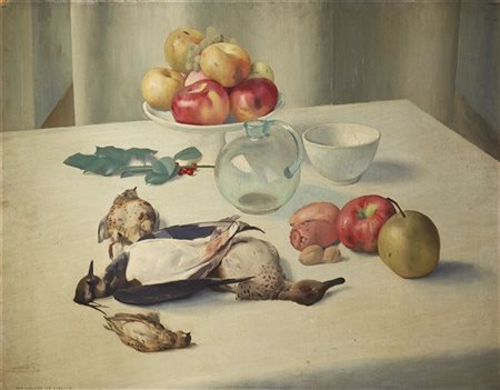 Ugo Celada da Virgilio "Composizione con cacciagione" 
olio su cartone (cm 70x90