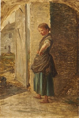 Antonio Fontanesi "Contadina" 
olio su cartone (cm 37,5x25)
Monogrammato in bass