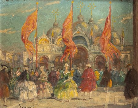 ETTORE SOLVEGNI (Venezia 1874 - dopo il 1930) "Carnevale a Venezia". Olio su...