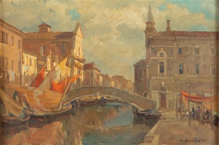 ATTILIO ACHILLE BOZZATO (Chioggia 1886 - Cremona 1954) "Il ponte del mercato", 1925. Olio su tavola. Cm 32x47. Opera firmata in basso a destra A. Bozzato. Al retro reca etichetta dell'artista.