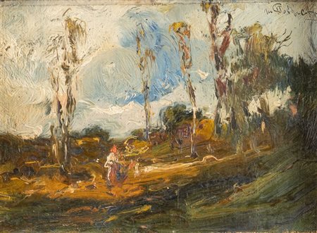 MARIO POBBIATI (Milano 1887 - 1956) "Paesaggio con figura". Olio su cartone...