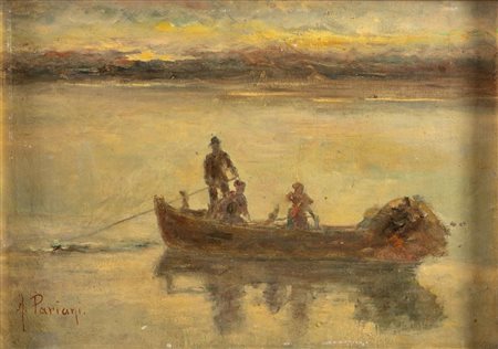 ALFREDO PARIANI (Milano 1876 - Pallanza 1931) "La gita in barca". Olio su...