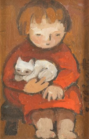 TERRI CHIARETTO (1918 – 2011) "Bambina con gatto". Olio su tavola. Cm 30x20....