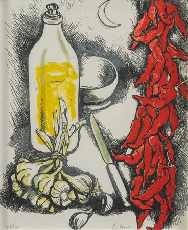 RENATO GUTTUSO (Bagheria 1911 - Roma 1987) "Natura morta con aglio, olio e...