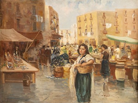 GIUSEPPE RISPOLI (Napoli 1882 – 1960) "Mercato a Napoli". Olio su tela. Cm...
