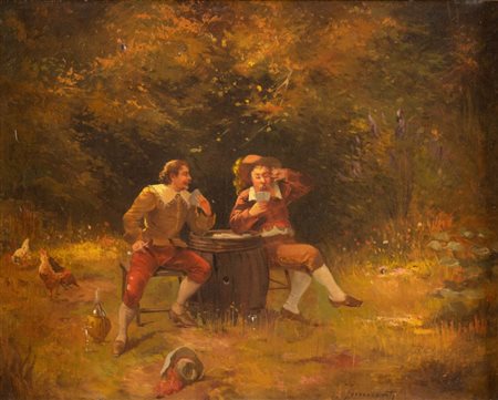 GUGLIELMO INNOCENTI (1871 – 1961) "Giocatori di carte in un paesaggio". Olio...