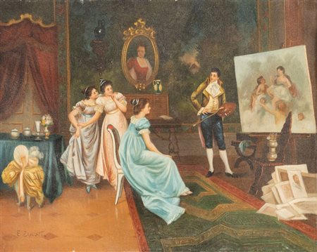 E. ZANOTTI (XX secolo) "Lo studio del pittore". Olio su tela. Cm 31,5x39,5....