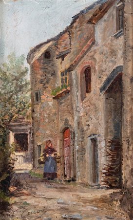 EUGENIO CECCONI (Livorno 1842 – Firenze 1903) "Contadina nel borgo". Olio su...