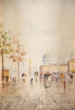 ALBERTO ROSSI (Torino 1858 – 1936) "Veduta cittadina". Acquerello su carta....