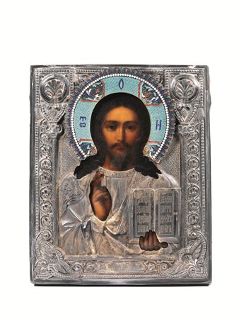 Icona moscovita raffigurante Cristo benedicente, riza in argento con smalti...